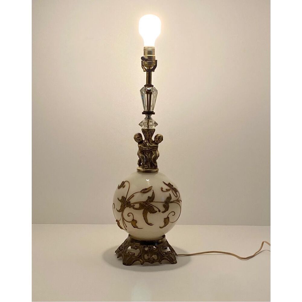 Vintage MCM Cornell Hollywood Regency Opaline Glass Globe Brass Cherub Tamp Lamp